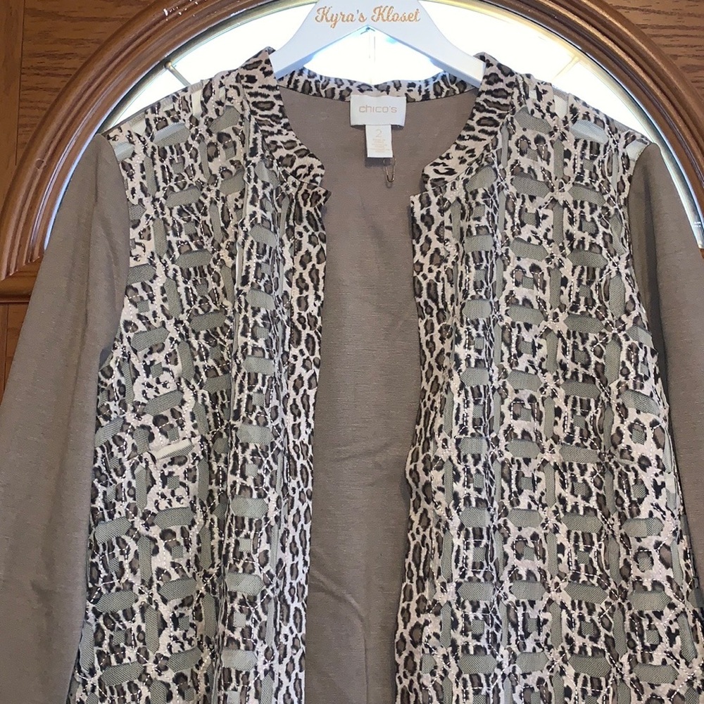 CHICO’s Taupe Leopard Print Mesh Inset Open Front Duster Cardigan - Picture 6 of 16